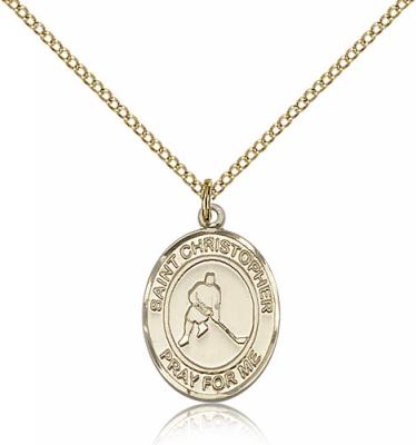 Gold Filled St. Christopher/Ice Hockey Pendant, GF Lite Curb Chain, Medium Size Catholic Medal, 3/4" x 1/2"