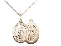 Gold Filled St. Sebastian/Basketball Pendant, GF Lite Curb Chain, Medium Size Catholic Medal, 3/4" x 1/2"