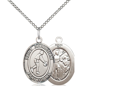 Sterling Silver St. Sebastian/Basketball Pendant, Sterling Silver Lite Curb Chain, Medium Size Catholic Medal, 3/4" x 1/2"