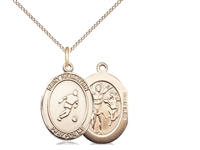 Gold Filled St. Sebastian/Soccer Pendant, GF Lite Curb Chain, Medium Size Catholic Medal, 3/4" x 1/2"