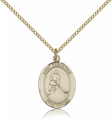 Gold Filled St. Sebastian/Ice Hockey Pendant, GF Lite Curb Chain, Medium Size Catholic Medal, 3/4" x 1/2"