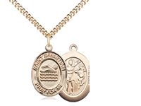 Gold Filled St. Sebastian/Swimming Pendant, GF Lite Curb Chain, Medium Size Catholic Medal, 3/4" x 1/2"