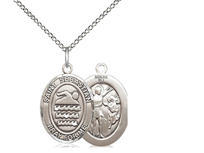 Sterling Silver St. Sebastian/Swimming Pendant, Sterling Silver Lite Curb Chain, Medium Size Catholic Medal, 3/4" x 1/2"