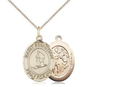 Gold Filled St. Sebastian/Skiing Pendant, GF Lite Curb Chain, Medium Size Catholic Medal, 3/4" x 1/2"