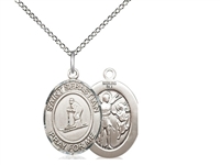 Sterling Silver St. Sebastian/Skiing Pendant, Sterling Silver Lite Curb Chain, Medium Size Catholic Medal, 3/4" x 1/2"
