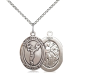 Sterling Silver St. Sebastian/Cheerleading Pendant, Sterling Silver Lite Curb Chain, Medium Size Catholic Medal, 3/4" x 1/2"
