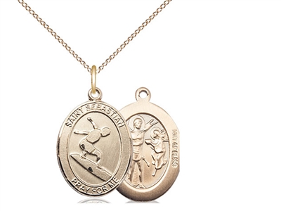 Gold Filled St. Sebastian/Surfing Pendant, Gold Filled Lite Curb Chain, Medium Size Catholic Medal, 3/4" x 1/2"