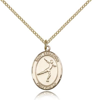 Gold Filled St. Sebastian/Figure Skating Pendant, Gold Filled Lite Curb Chain, Medium Size Catholic Medal, 3/4" x 1/2"