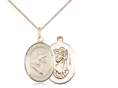 Gold Filled St. Christopher/Surfing Pendant, GF Lite Curb Chain, Medium Size Catholic Medal, 3/4" x 1/2"