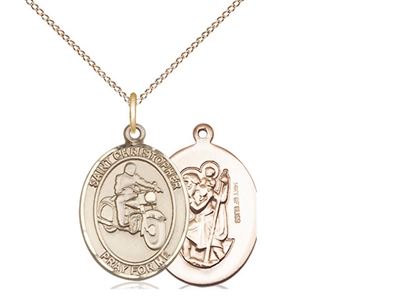 Gold Filled St. Christopher/Motorcycle Pendant, Gold Filled Lite Curb Chain, Medium Size Catholic Medal, 3/4" x 1/2"