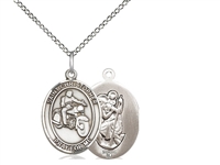 Sterling Silver St. Christopher/Motorcycle Pendant, Sterling Silver Lite Curb Chain, Medium Size Catholic Medal, 3/4" x 1/2"