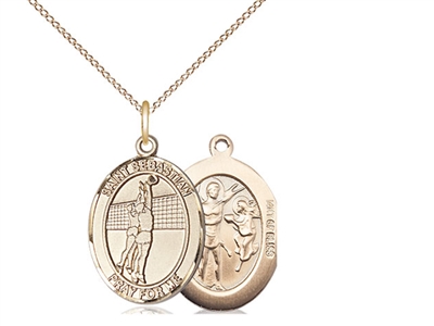 Gold Filled St. Sebastian / Volleyball Pendant, Gold Filled Lite Curb Chain, Medium Size Catholic Medal, 3/4" x 1/2"