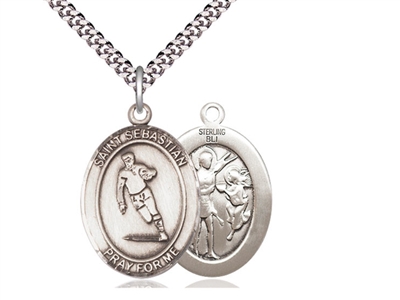 Sterling Silver St. Sebastian / Rugby Pendant, Sterling Silver Lite Curb Chain, Medium Size Catholic Medal, 3/4" x 1/2"