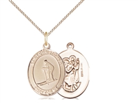 Gold Filled St. Christopher / Skiing Pendant, GF Lite Curb Chain, Medium Size Catholic Medal, 3/4" x 1/2"