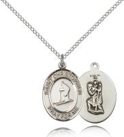 Sterling Silver St. Christopher / Skiing Pendant, Sterling Silver Lite Curb Chain, Medium Size Catholic Medal, 3/4" x 1/2"