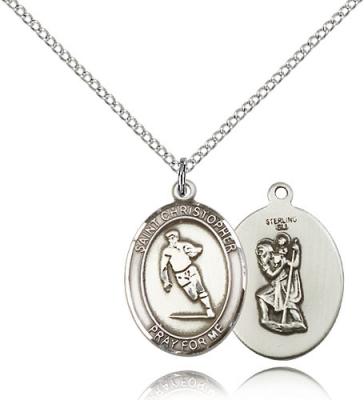 Sterling Silver St. Christopher / Rugby Pendant, Sterling Silver Lite Curb Chain, Medium Size Catholic Medal, 3/4" x 1/2"