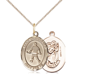 Gold Filled St. Christopher / Field Hockey Pendant, GF Lite Curb Chain, Medium Size Catholic Medal, 3/4" x 1/2"