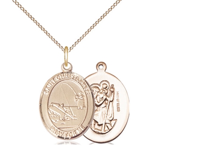 Gold Filled St. Christopher / Fishing Pendant, GF Lite Curb Chain, Medium Size Catholic Medal, 3/4" x 1/2"