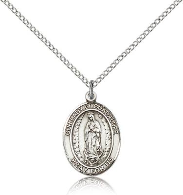 Sterling Silver Our Lady of Guadalupe Pendant, Sterling Silver Lite Curb Chain, Medium Size Catholic Medal, 3/4" x 1/2"