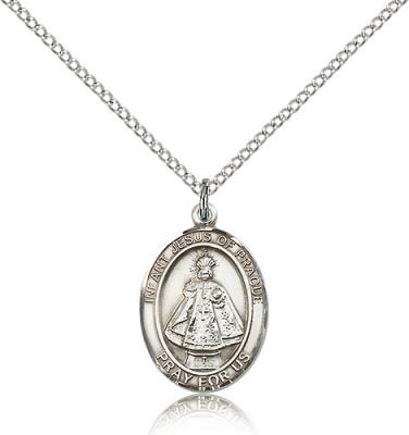 Sterling Silver Infant of Prague Pendant, Sterling Silver Lite Curb Chain, Medium Size Catholic Medal, 3/4" x 1/2"