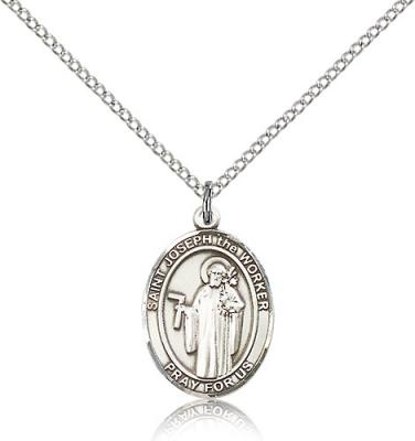 Sterling Silver St. Joseph The Worker Pendant, Sterling Silver Lite Curb Chain, Medium Size Catholic Medal, 3/4" x 1/2"