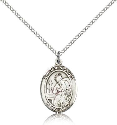 Sterling Silver St. Alphonsus Pendant, Sterling Silver Lite Curb Chain, Medium Size Catholic Medal, 3/4" x 1/2"