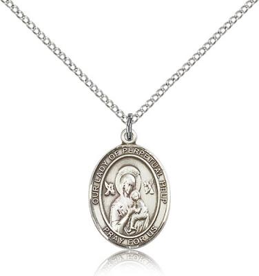 Sterling Silver Our Lady of Perpetual Help Pendant, Sterling Silver Lite Curb Chain, Medium Size Catholic Medal, 3/4" x 1/2"