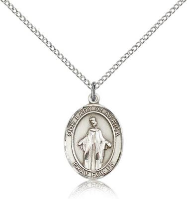 Sterling Silver Our Lady of Africa Pendant, Sterling Silver Lite Curb Chain, Medium Size Catholic Medal, 3/4" x 1/2"