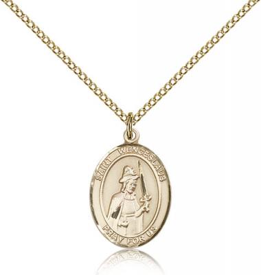 Gold Filled St. Wenceslaus Pendant, Gold Filled Lite Curb Chain, Medium Size Catholic Medal, 3/4" x 1/2"