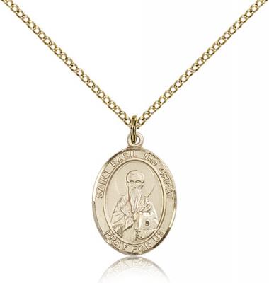 Gold Filled St. Basil the Great Pendant, Gold Filled Lite Curb Chain, Medium Size Catholic Medal, 3/4" x 1/2"