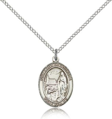 Sterling Silver Our Lady of Lourdes Pendant, Sterling Silver Lite Curb Chain, Medium Size Catholic Medal, 3/4" x 1/2"