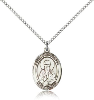 Sterling Silver St. Athanasius Pendant, Sterling Silver Lite Curb Chain, Medium Size Catholic Medal, 3/4" x 1/2"