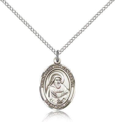 Sterling Silver St. Bede the Venerable Pendant, Sterling Silver Lite Curb Chain, Medium Size Catholic Medal, 3/4" x 1/2"