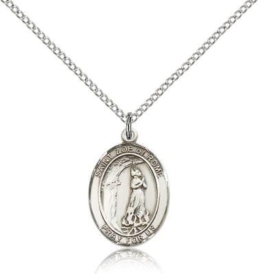 Sterling Silver St. Zoe of Rome Pendant, Sterling Silver Lite Curb Chain, Medium Size Catholic Medal, 3/4" x 1/2"