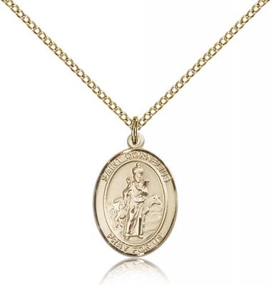 Gold Filled St. Cornelius Pendant, Gold Filled Lite Curb Chain, Medium Size Catholic Medal, 3/4" x 1/2"