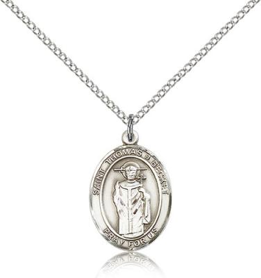 Sterling Silver St. Thomas A Becket Pendant, Sterling Silver Lite Curb Chain, Medium Size Catholic Medal, 3/4" x 1/2"