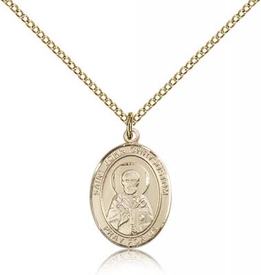 Gold Filled St. John Chrysostom Pendant, Gold Filled Lite Curb Chain, Medium Size Catholic Medal, 3/4" x 1/2"