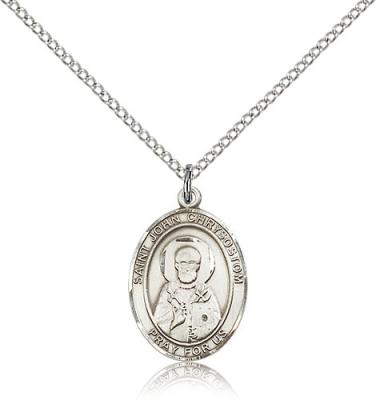 Sterling Silver St. John Chrysostom Pendant, Sterling Silver Lite Curb Chain, Medium Size Catholic Medal, 3/4" x 1/2"