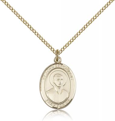 Gold Filled St. John Berchmans Pendant, GF Lite Curb Chain, Medium Size Catholic Medal, 3/4" x 1/2"