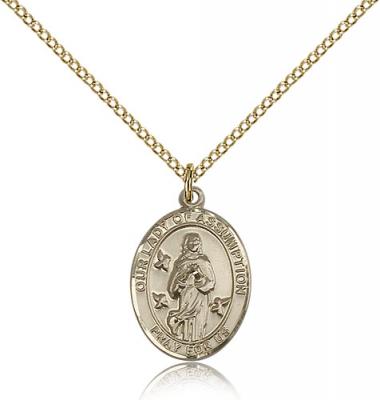 Gold Filled Our Lady of Assumption Pendant, GF Lite Curb Chain, Medium Size Catholic Medal, 3/4" x 1/2"