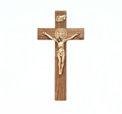 12" Walnut St. Benedict Crucifix, Antique Gold Corpus, Two-Sided Medallion JC5062L