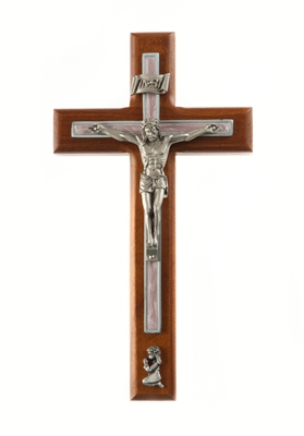 8" Cherry Baby Girl Crucifix with Pink Pearlized Epoxy, Antique Pewter Corpus JC5142E