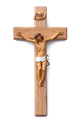 12" Oak Crucifix with Hand Painted Natural Corpus JC-5075-N
