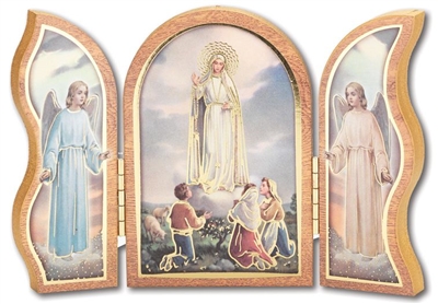 Gold Embossed Wood Our Lady of Fatima Triptych 1205.228