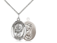 Sterling Silver St. Christopher/Baseball Pendant, Sterling Silver Lite Curb Chain, Medium Size Catholic Medal, 3/4" x 1/2"
