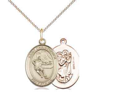 Gold Filled St. Christopher/Hockey Pendant, GF Lite Curb Chain, Medium Size Catholic Medal, 3/4" x 1/2"