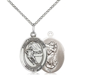 Sterling Silver St. Christopher/Hockey Pendant, Sterling Silver Lite Curb Chain, Medium Size Catholic Medal, 3/4" x 1/2"