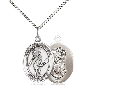 Sterling Silver St. Christopher/Tennis Pendant, Sterling Silver Lite Curb Chain, Medium Size Catholic Medal, 3/4" x 1/2"