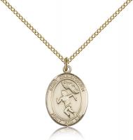 Gold Filled St. Christopher/Track&Field Pendant, GF Lite Curb Chain, Medium Size Catholic Medal, 3/4" x 1/2"