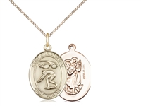 Gold Filled St. Christopher/Swimming Pendant, GF Lite Curb Chain, Medium Size Catholic Medal, 3/4" x 1/2"